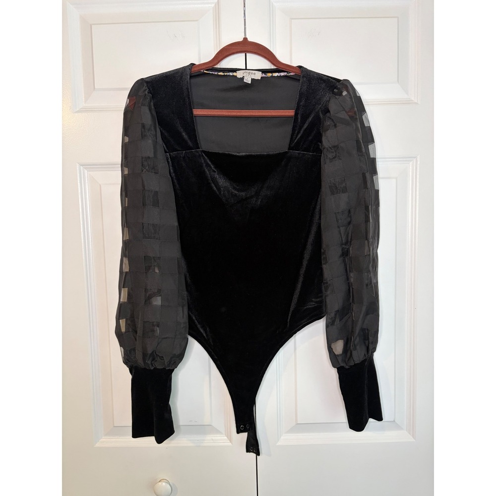 Umgee Black Velvet Bodysuit Sheer Checkerboard Puff Sleeve Square Neck Size L